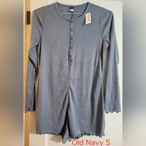 Old Navy Blue Ribbed Long Sleeve Henley Romper Pajama